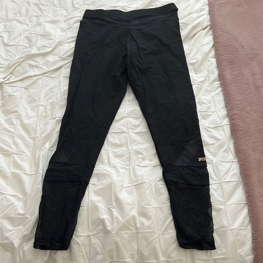 Black PINK leggings with mesh detail at waist and bottom. Cotton